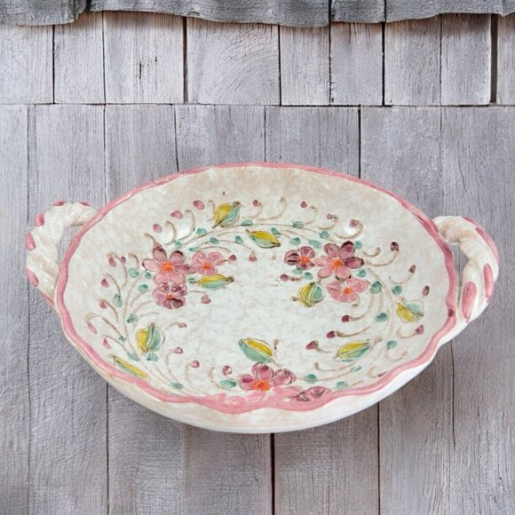 Vintage Italian Art Pottery Dish Bowl Hand Carved Hand Painted Dish With Handles - Picture 3 of 16